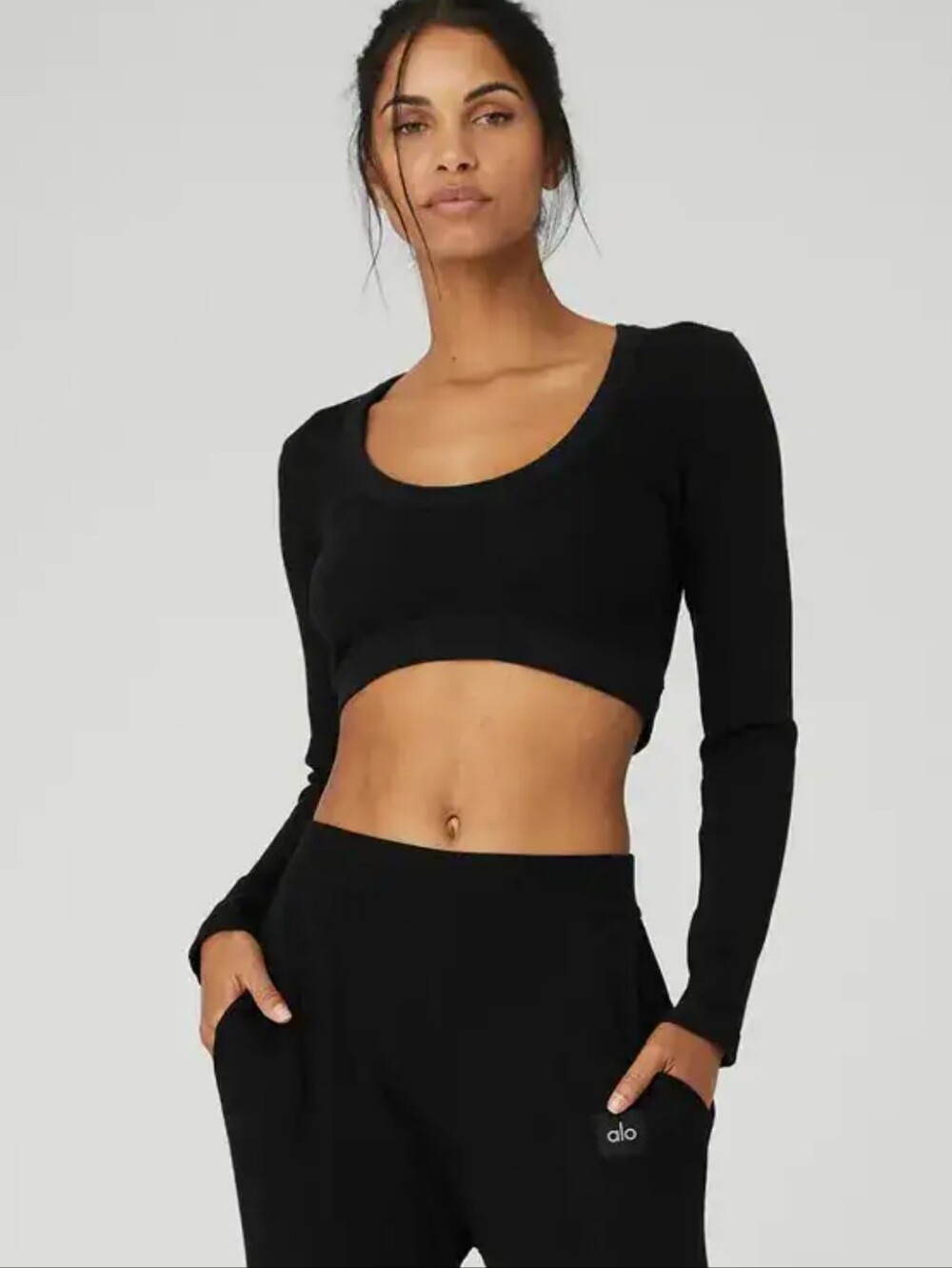 Alo Yoga Black Ribbed Scoop Neck Long Sleeve Crop Top Size Small EUC